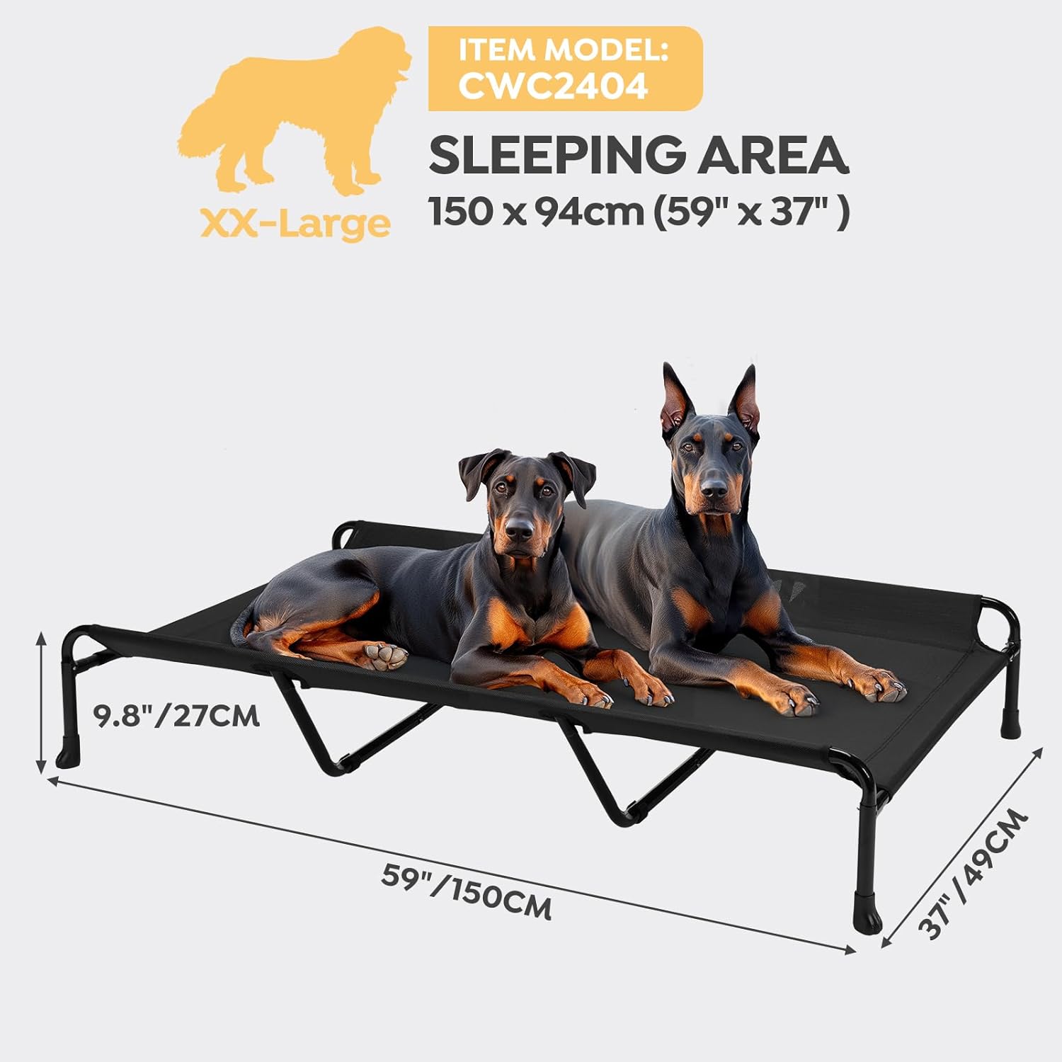 Veehoo Cooling Elevated Dog Bed, 59" x 37" Raised Dog Beds for Large Dogs, Outdoor Dog Bed with Guardrail, Upgraded Non-Slip Feet, Breathable Teslin Mesh, Portable Camping Dog Cot, Black - Pet Explorer