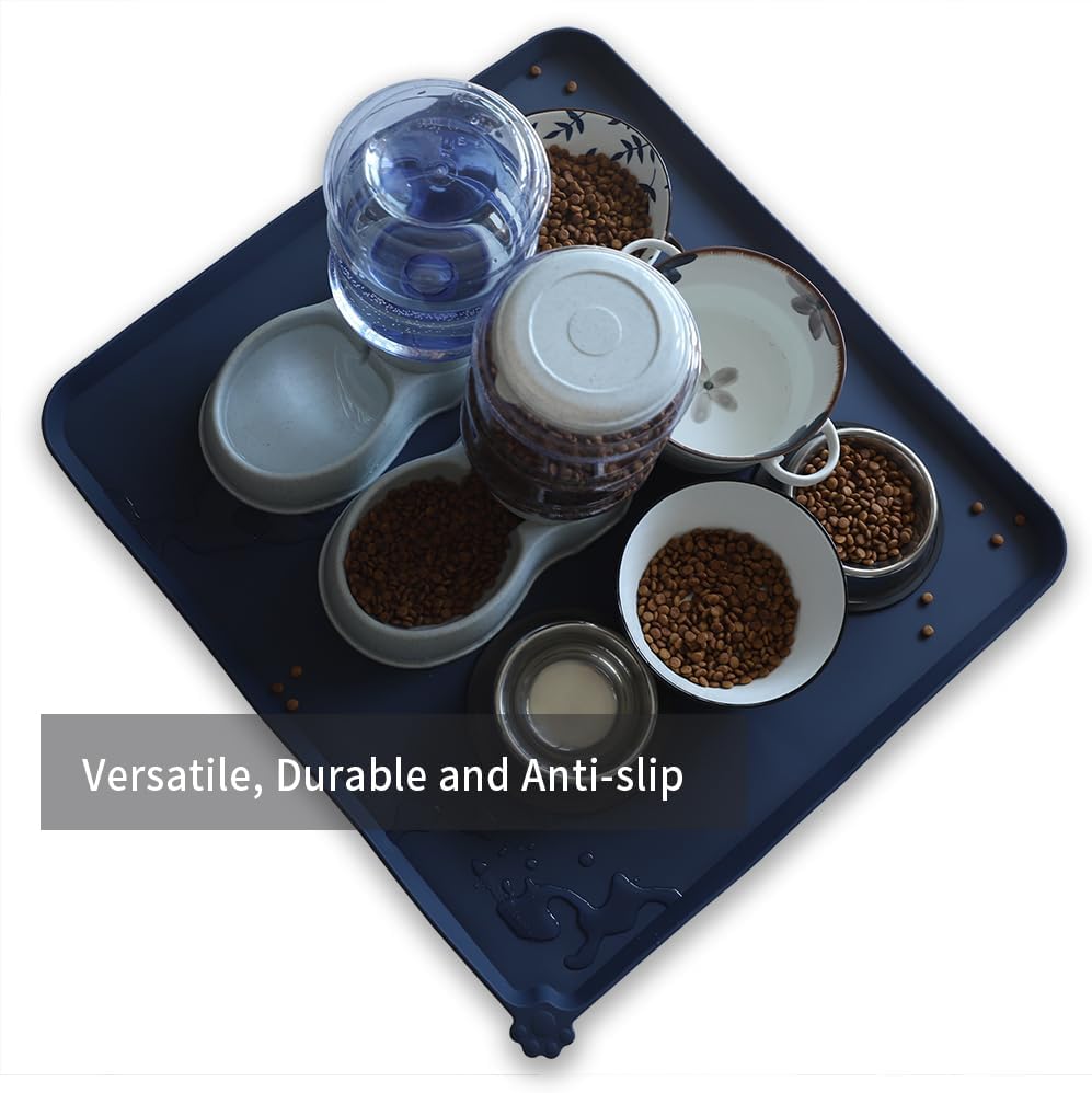 Hoki Found XX-Large Silicone Pet Food Mats Tray - Non Slip Pet Dog Cat Bowl Mats Placemat - Dog Pet Cat Feeding Mat - Waterproof Dog Cat Food Mats -Pet Water Mats for Carpet - French Navy - Pet Explorer
