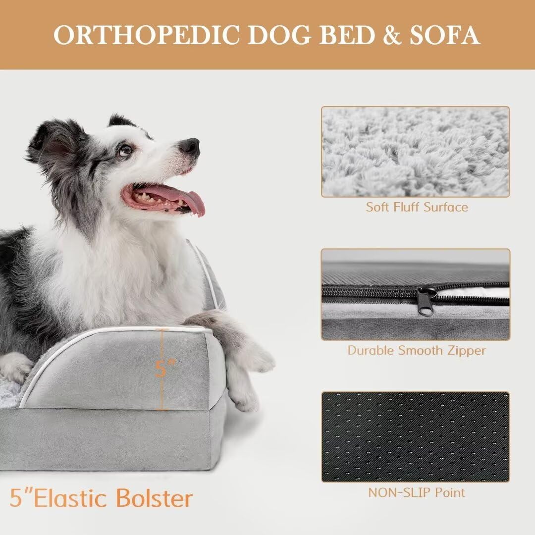 Comfort Expression Cooling Dog Bed, Orthopedic Memory Foam Dog Bed, Jumbo Beds for Extra Large Dogs, Large Breed Dogs Beds Waterproof with Bolster & Removable Cover(Jumbo,Light Grey) - Pet Explorer
