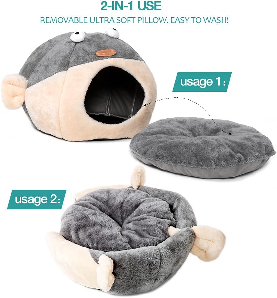 Cat Beds for Indoor Cats - Cat Bed Cave with Removable Washable Cushioned Pillow,2 in 1 Super Soft Animal-Shape Cat Tent for Kitten and Small cat, Lively Pufferfish cat beds & Furniture, Grey(M) - Pet Explorer