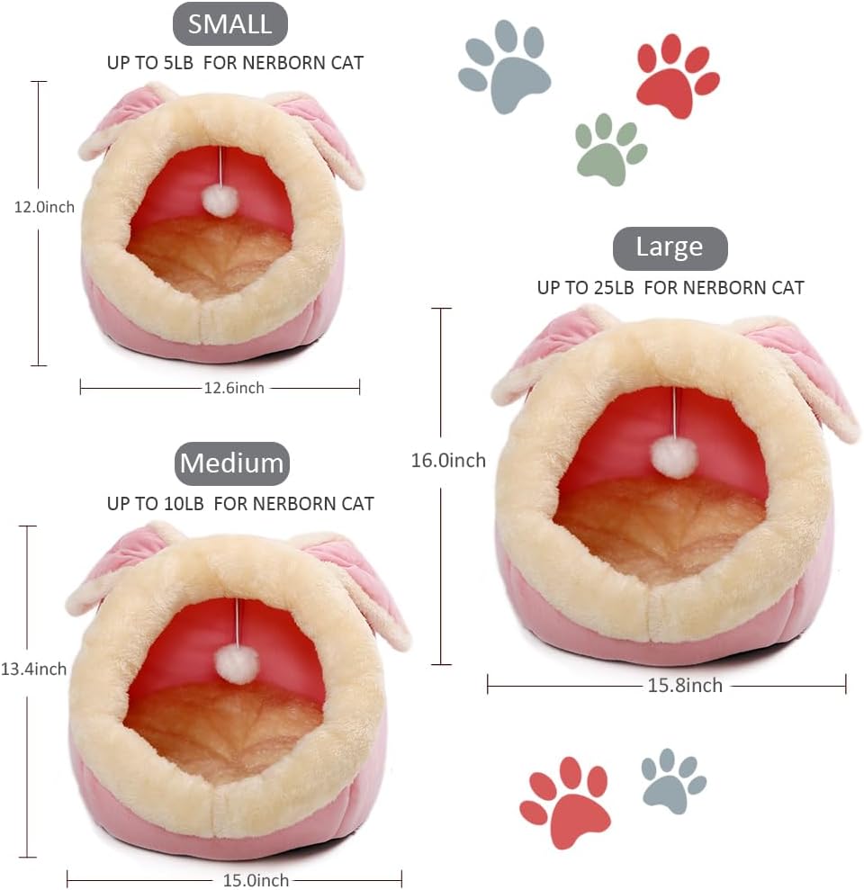 Lcybem Cat Beds for Indoor Cats - Rabbit-Shaped Cat Cave Bed with Hanging Toy,Super Soft Calming cat Tent for Kitten&Puppy,Small Dog,Warm Plush&Machine Washable&Removable Cotton Pad (Pink L) - Pet Explorer