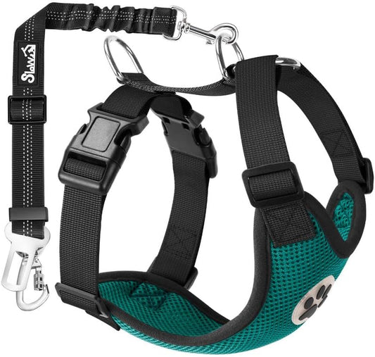 SlowTon Dog Seat Belt Harness for Car, Dog Car Harness Adjustable Mesh Breathable & Dog Seatbelt Safety Tether with Elastic Bungee for Small Medium Large Pets(Green, Double Clip, M) - Pet Explorer