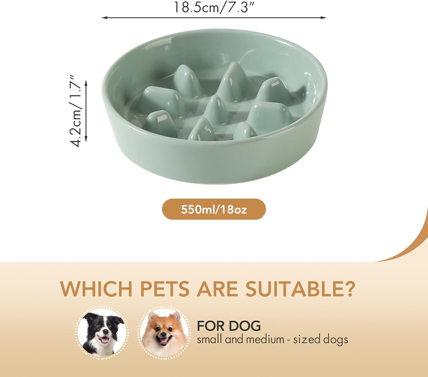 Ceramic 7.3 inch Dog Bowl Slow Feeder, Slow Pet Food Dish for Medium and Small Dog, Stop Bloat, Preventing Choking(Single Bowl, Light Green) - Pet Explorer