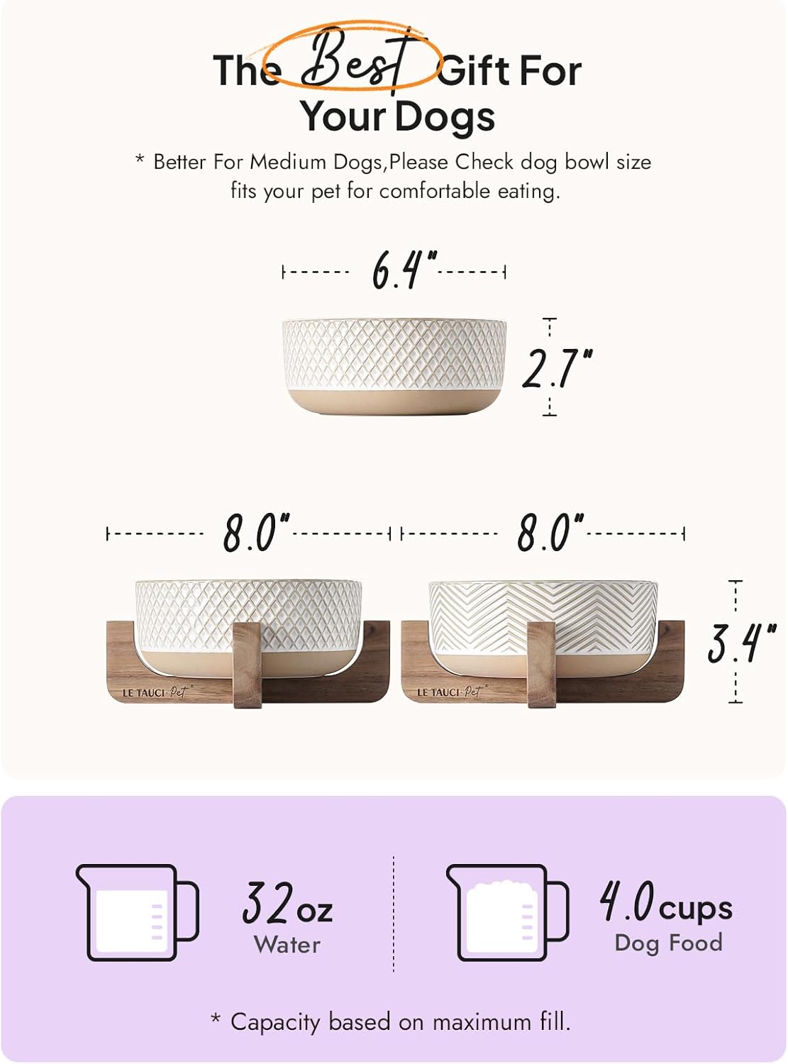 Ceramic Dog Bowl Set, 4 Cups Food and Water Bowl for Medium Small Dogs, Cute Pet Dishes with Wood Stand, Rhombus+Wave Design (Set of 2) - Pet Explorer