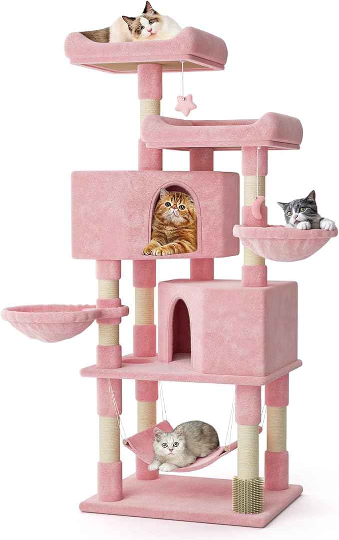 MoNiBloom 58 Inch Cat Tree Tower for Indoor Cats Large Adults, Pink Cat Tower with Scratching Post & Hammock, Pet Play House with Cat Condo, Soft Pink