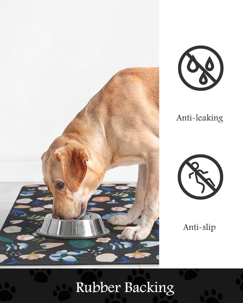Pet Feeding Mat-Absorbent Dog Mat for Food and Water Bowl-No Stains Quick Dry Water Dispenser Mat-Dog Accessories Pet Supplies-Bowl for Messy Drinkers（DARKFLOWERS,17"x28" - Pet Explorer