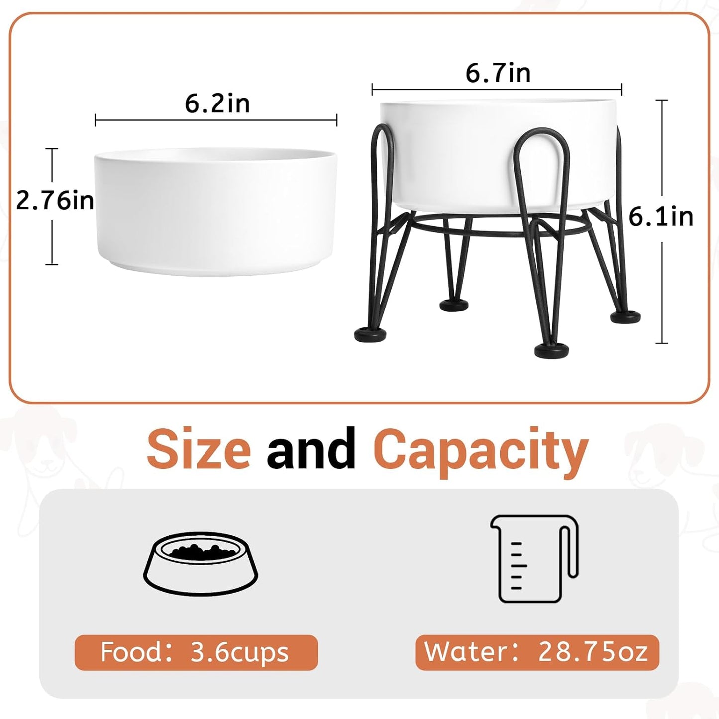 Elevated Dog Bowls, Ceramic Raised Dog Bowl Set with Anti-Slip and Non-Tip Metal Stand, 2 Pack Pet Food and Water Feeding Bowls for Small and Medium Dogs (White,3.6 Cups) - Pet Explorer
