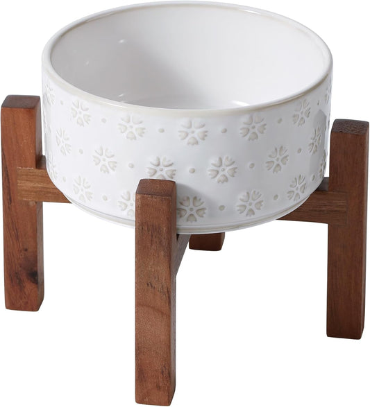 Ceramic 6.1inch Raised Dog and Cat Bowl Set, 2 Heights Elevated with Acacia Wood Stand, Food and Water Bowl for Small Breed Dogs, Weighted Dog Dishes(27oz, Arctic White) - Pet Explorer