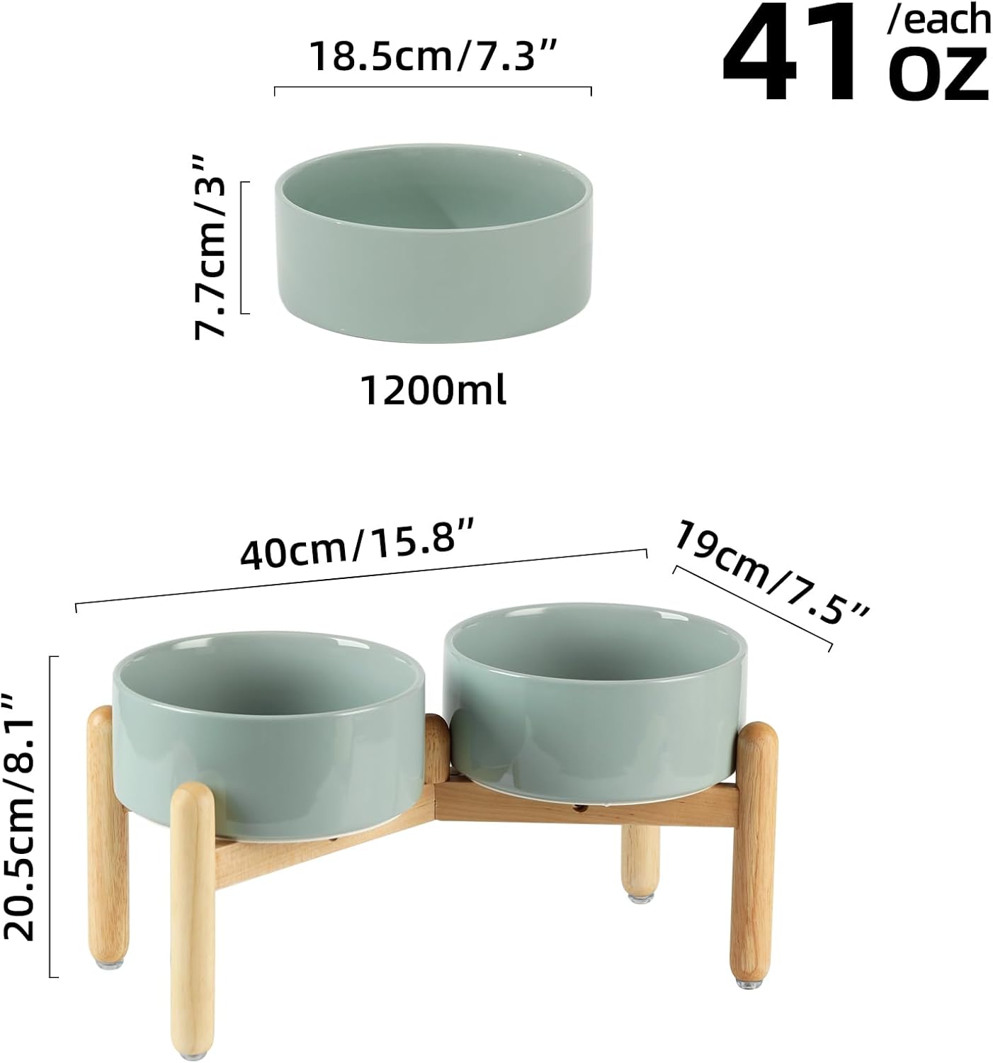 Ceramic 7.3inch Raised Double Bowls Set with Wooden Stand, Food & Water Bowls for Medium Breed Dogs, Weighted Dog Dishes, Pet Feeder(Light Green) - Pet Explorer