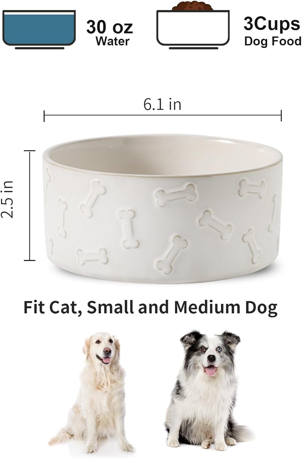 UBEE Ceramic Dog Food Bowl Set of 2, 6.1 inch Dog Bowls Dish with Bone Pattern, Pet Food Water Dish Feeding for Small and Medium Dogs and Large Cat, White - Pet Explorer