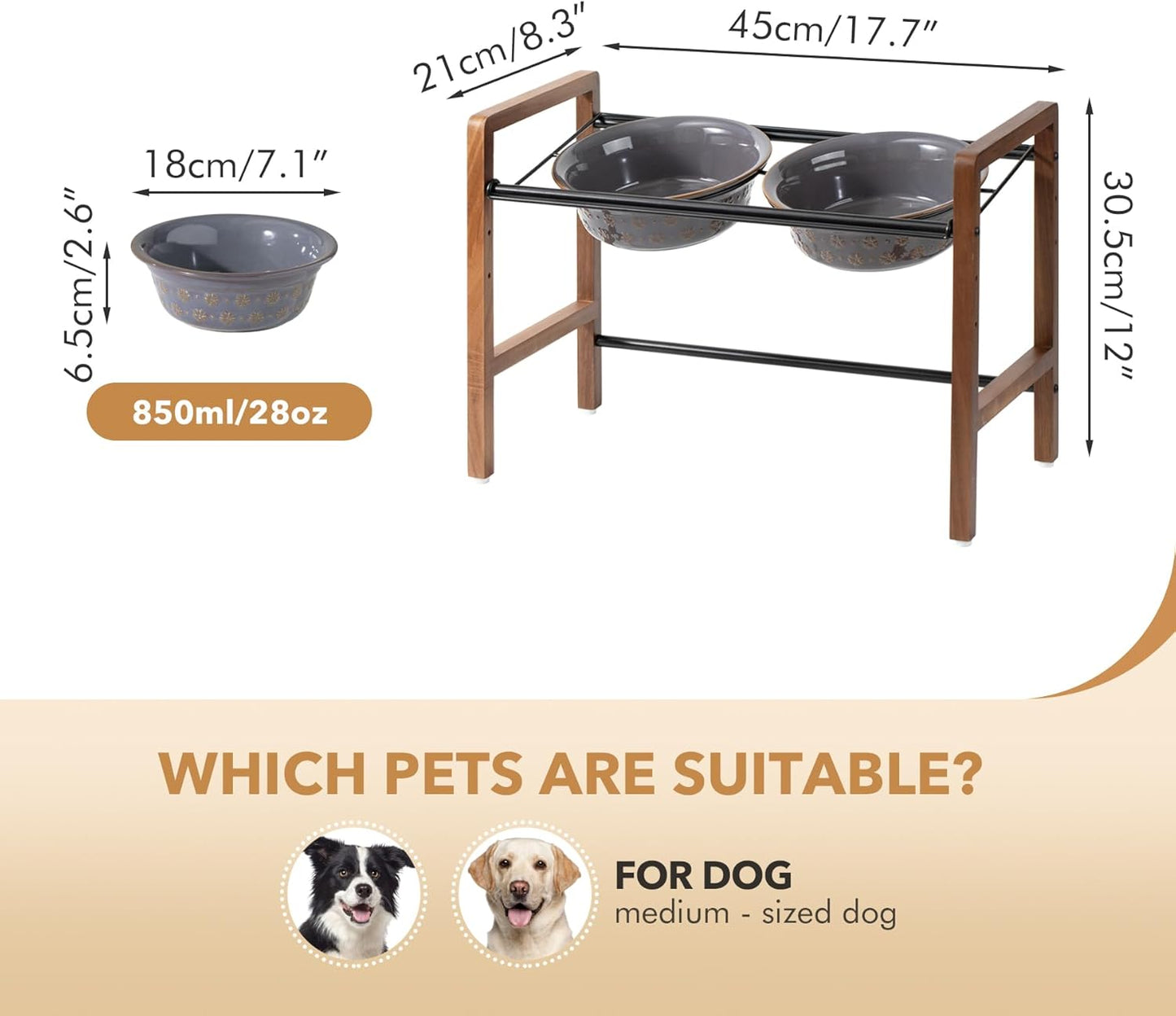 7.1inch Ceramic Adjustable Raised Double Bowls Set with Stand, 3 Heights Elevated, 2 Placement Options,Food and Water Bowls for Medium and Large Dog(Reactived Glaze -Grey) - Pet Explorer
