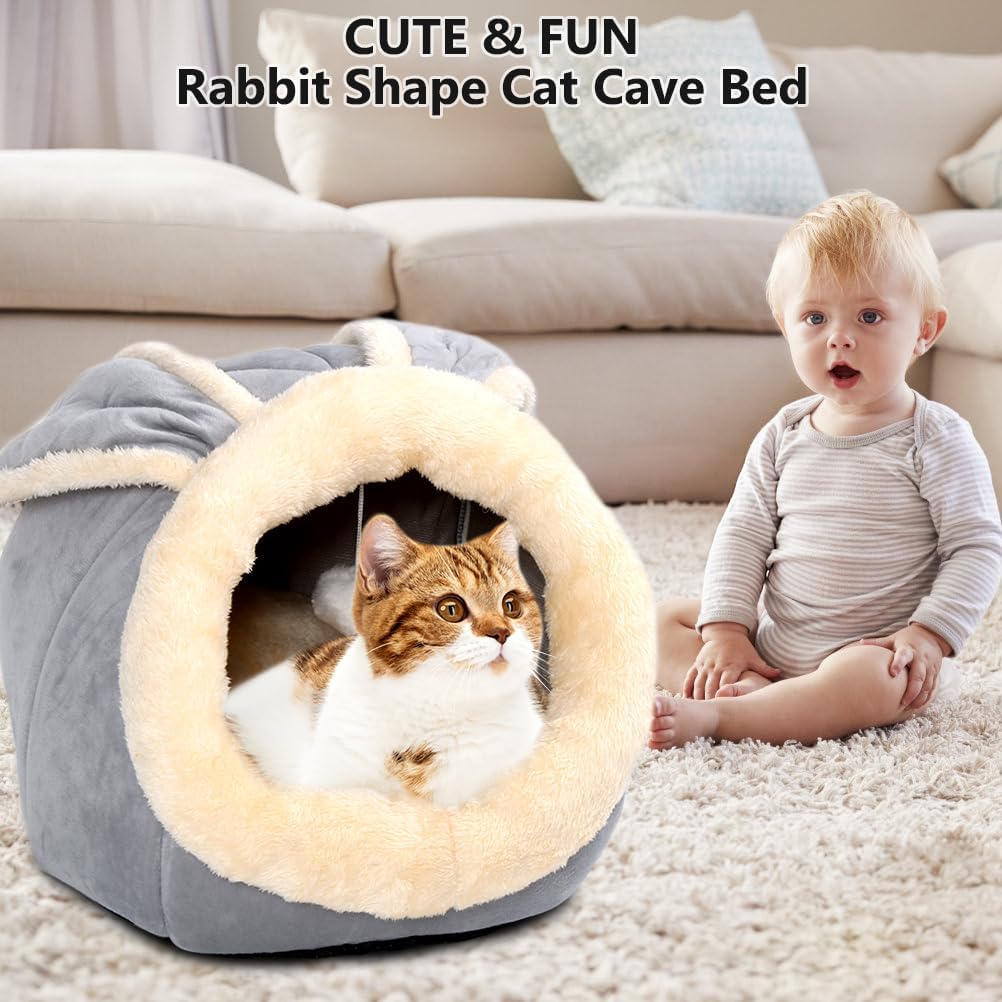 Cat Beds for Indoor Cats - Rabbit-Shaped Cat Cave Bed with Hanging Toy,Super Soft Calming Pet Bed for Kitten&Puppy,Small Dog,Warm Plush&Machine Washable&Removable Cotton Pad,Cat Hideaway(Grey M) - Pet Explorer