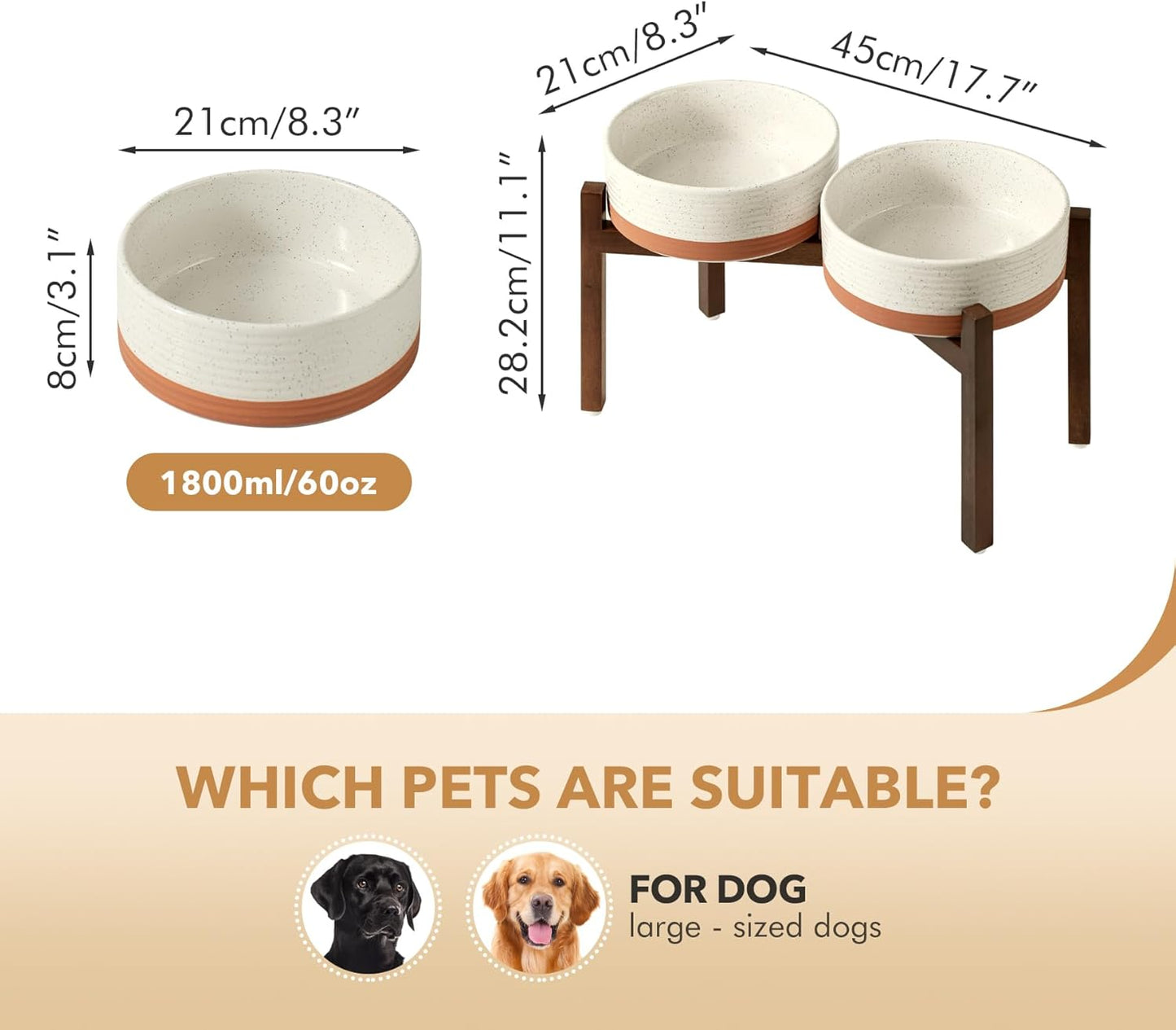 Ceramic 8.2inch Raised Double Dog Bowls Set with Acacia Wood Stand, Food & Water Bowls for Large Breed Dogs, Weighted Pet Dishes(60oz, Vanilla White) - Pet Explorer