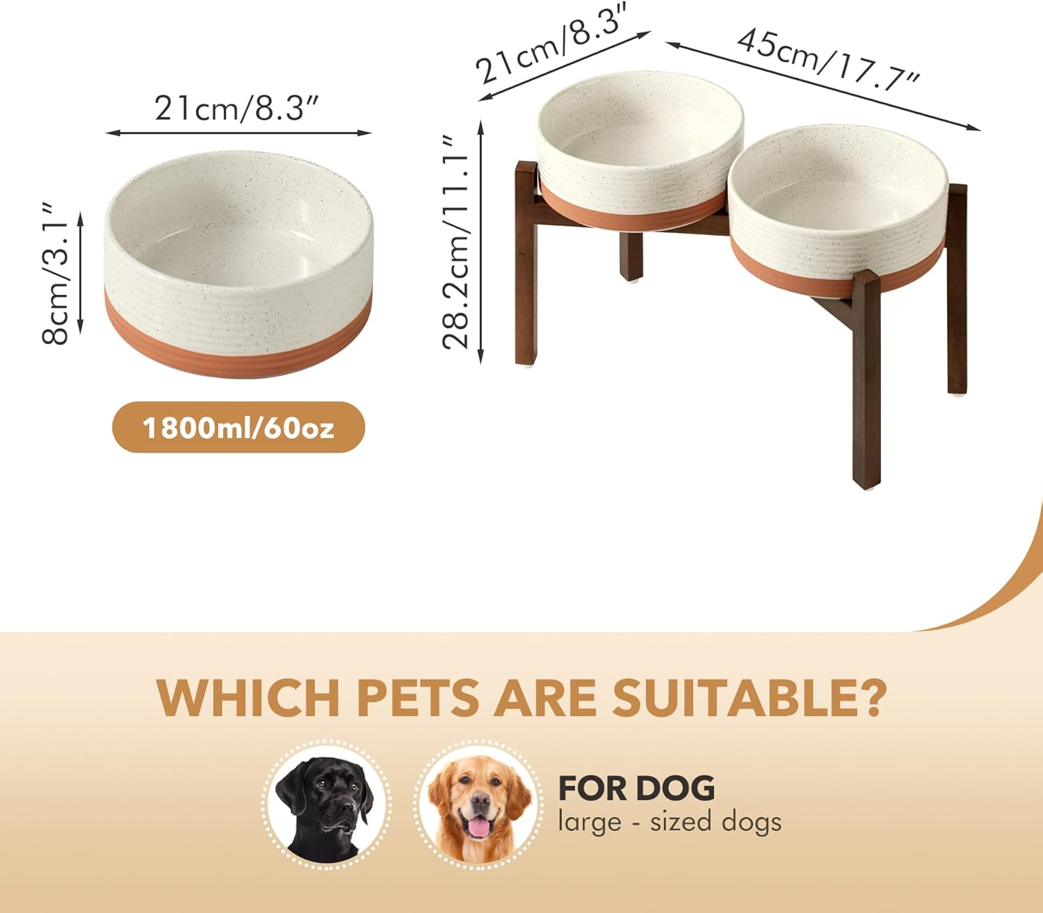 Ceramic 8.2inch Raised Double Dog Bowls Set with Acacia Wood Stand, Food & Water Bowls for Large Breed Dogs, Weighted Pet Dishes(60oz, Vanilla White) - Pet Explorer
