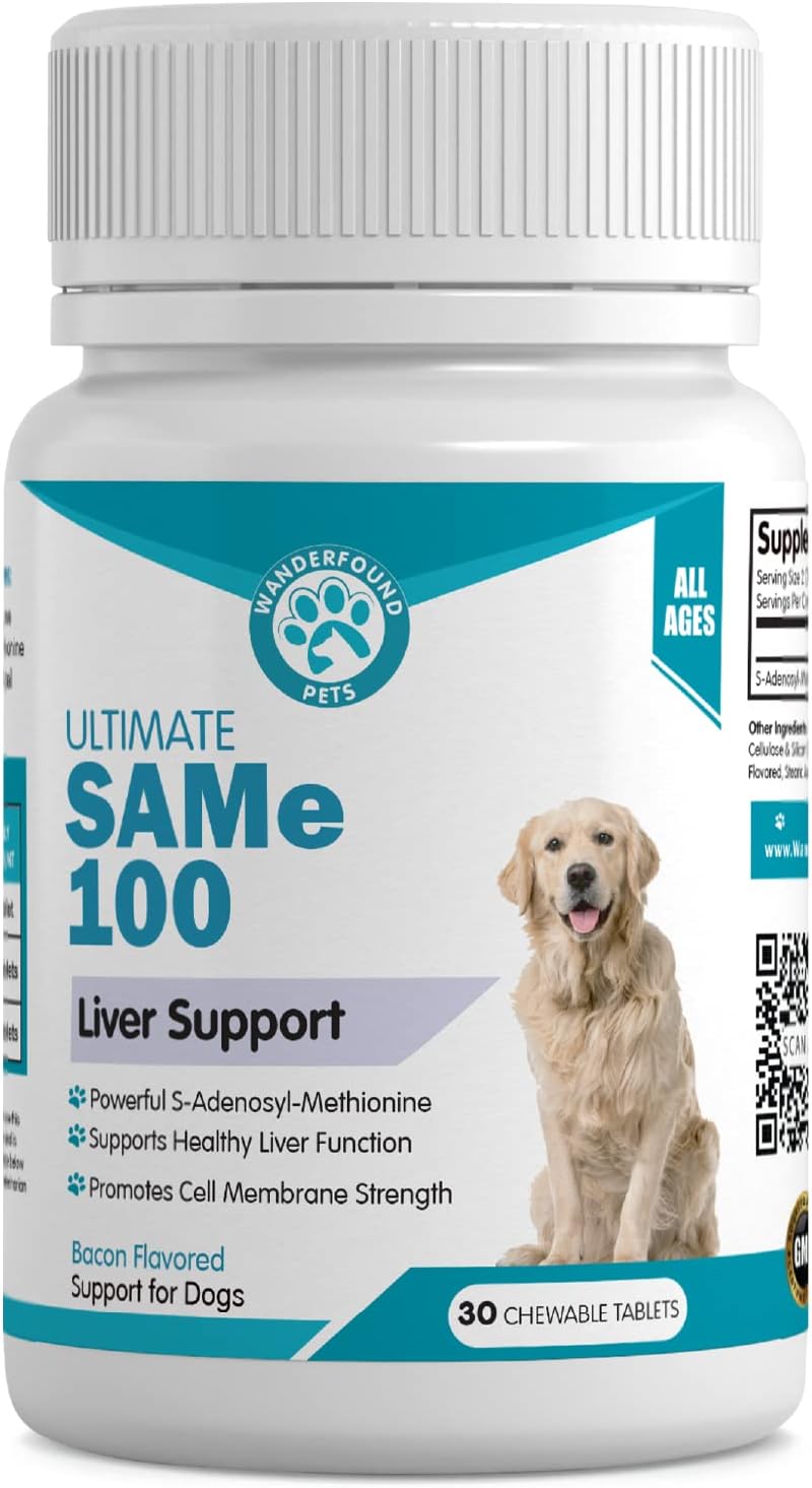 Wanderfound Pets Same 100 Liver Support for Dogs - Same S-Adenosyl-L-Methionine Hepatic Supplement for Liver & Brain Support - Bacon Flavored Sam E, Manufactured in The USA - 30 Chewable Tablets - Pet Explorer