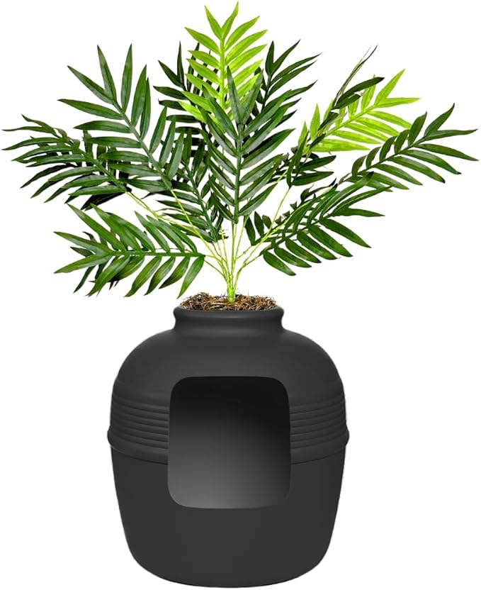 Good Pet Stuff Hidden Litter Box Planter, Decorative Cat Litter Enclosure with Carbon Filter, Artificial Plant, Easy Clean, Improved Design, Round Style, Base Kit, Matte Black