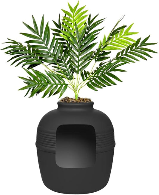 Good Pet Stuff Hidden Litter Box Planter, Decorative Cat Litter Enclosure with Carbon Filter, Artificial Plant, Easy Clean, Improved Design, Round Style, Base Kit, Matte Black