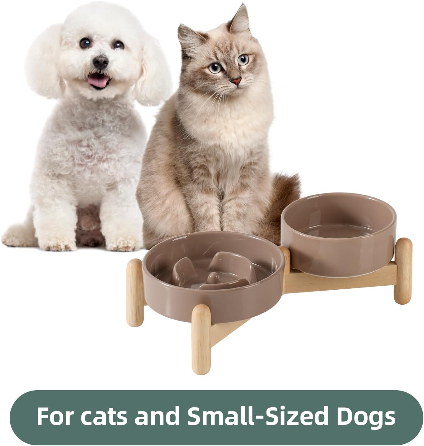 Ceramic Raised Slow Feeder Dog Bowl Set, Elevated 5.1inch Bowl and 6.1inch Puzzle Slow Pet Food Dish with Wooden Stand for Small Dog and Cat, Anti-Gulping (2X Brown Coffee+ Stand) - Pet Explorer
