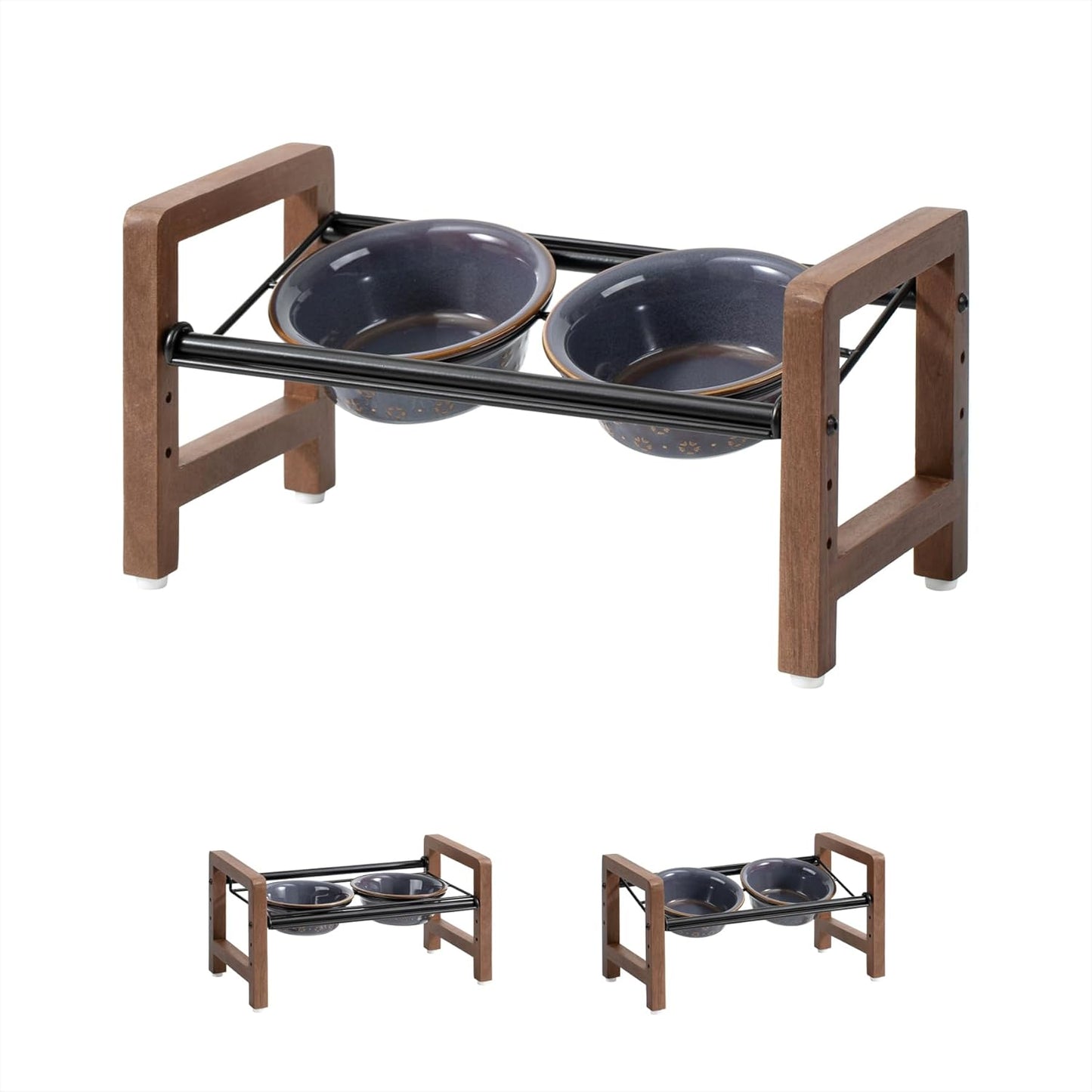 5.5inch Ceramic Adjustable Raised Double Bowls Set with Stand, 3 Heights Elevated, 2 Placement Options, Food and Water Dishes for Puppy, Cats（Double Bowls+Stand, Reactived Glaze -Grey - Pet Explorer