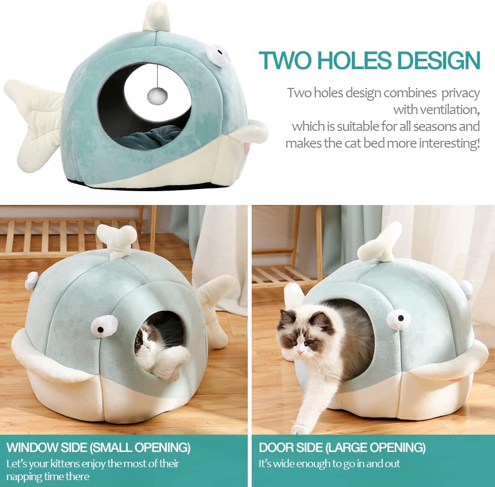 Lcybem Cat Beds for Indoor Cats - Cat Bed Cave with Removable Washable Cushioned Pillow, Calming Cozy Soft Cat Cave, Cute Friendly Dolphin Cat Houses for Indoor Cats No Deformation Pet Bed, L - Pet Explorer