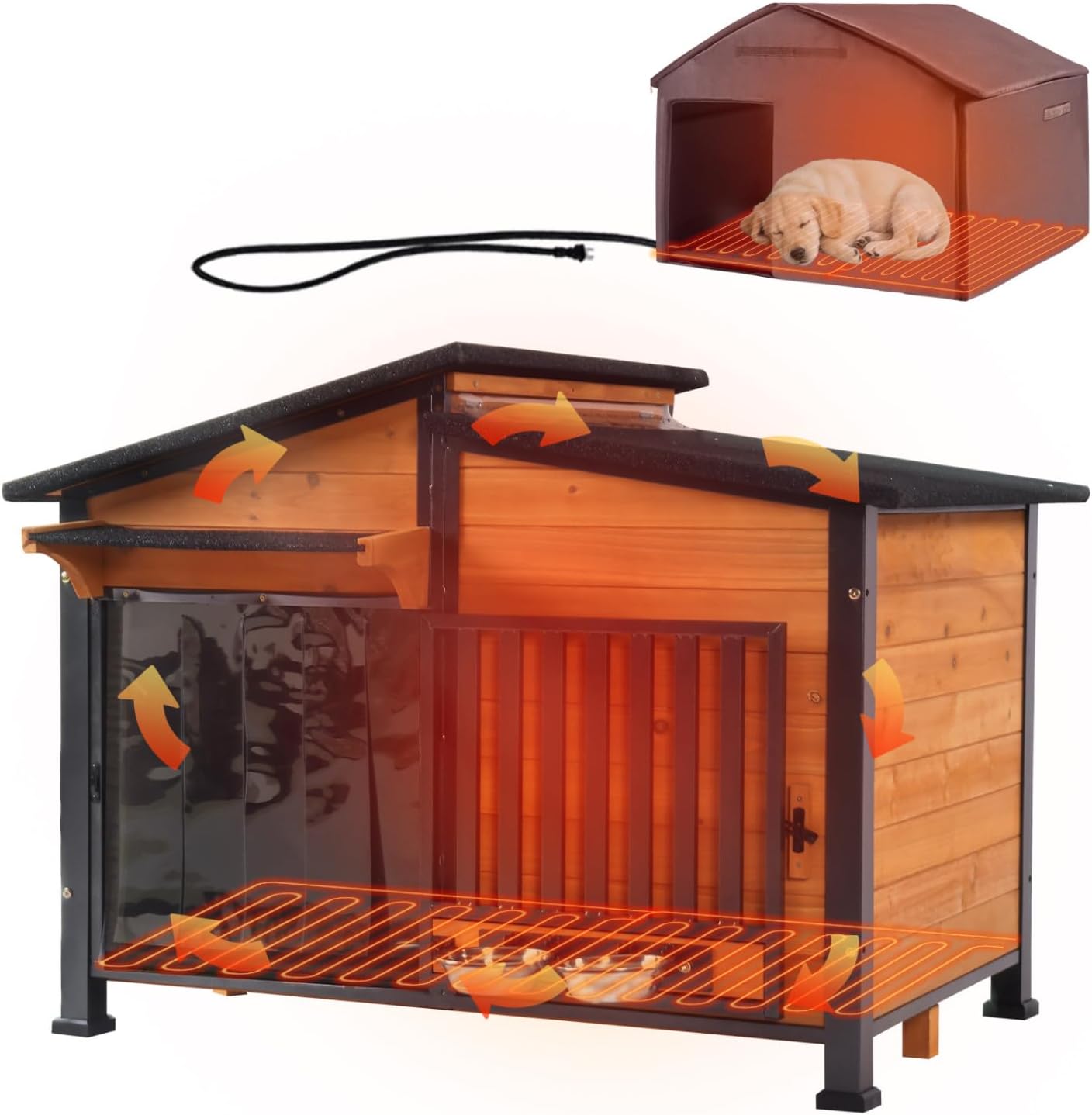 Heated Dog House Outdoor with Bowls Weatherproof Dog Kennel with Heating Pad Anti-Chewing Iron Frame Dog Shelter for Small Medium Dogs(Wooden Brown) - Pet Explorer