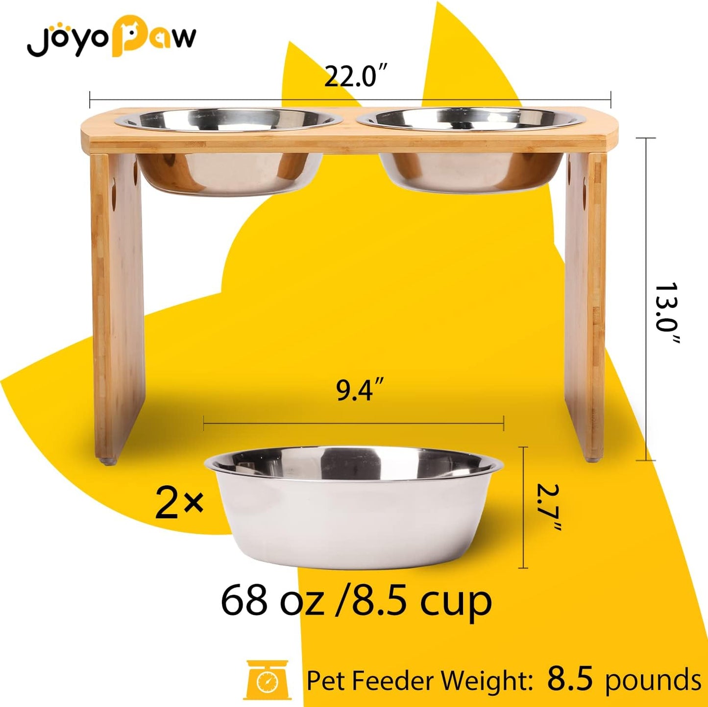 Elevated Dog Bowls, Bamboo Raised Dog Bowl for Large Dogs, with 2 Stainless Steel Bowls (13'' Tall-68oz Bowl, Natural) - Pet Explorer