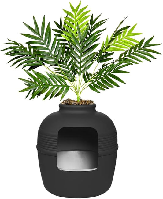 Good Pet Stuff Hidden Litter Box Planter, Decorative Cat Litter Enclosure with Carbon Filter, Artificial Plant, Easy Clean, Removable Liner, Round Style, Essentials Kit, Matte Black