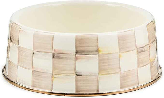 MACKENZIE-CHILDS Enamel Pet Bowl, Cute Cat and Dog Bowl for Food and Water, Large, Brown-and-White Mocha Check