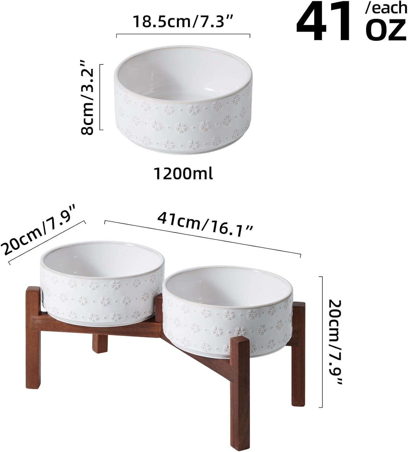 7.3inch Ceramic Raised Double Bowls Set with Acacia Wood Stand, Food & Water Bowls for Medium Breed Dogs, Weighted Dog Dishes, Pet Bowl(41OZ, Arctic White) - Pet Explorer