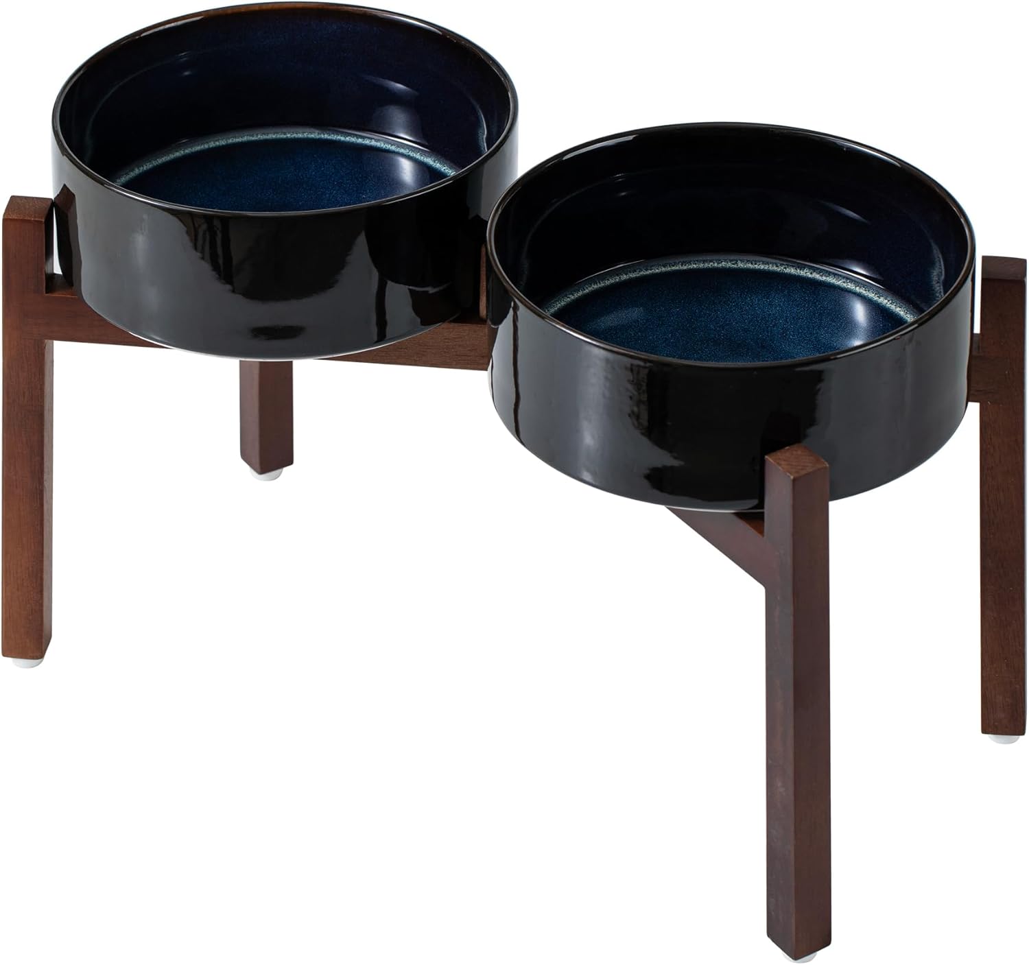 Ceramic 8.2inch Raised Double Dog Bowls Set with Acacia Wood Stand, Food & Water Bowls for Large Breed Dogs, Weighted Pet Dishes(60oz, Starry Sky) - Pet Explorer