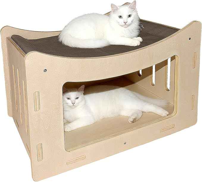 Cute Cat Head Wooden Indoor Cat House, Double Decker Cat Shelter with Elevated Soft Canvas Upper Bed, Multi-Level Pet Condo for Cats & Rabbits