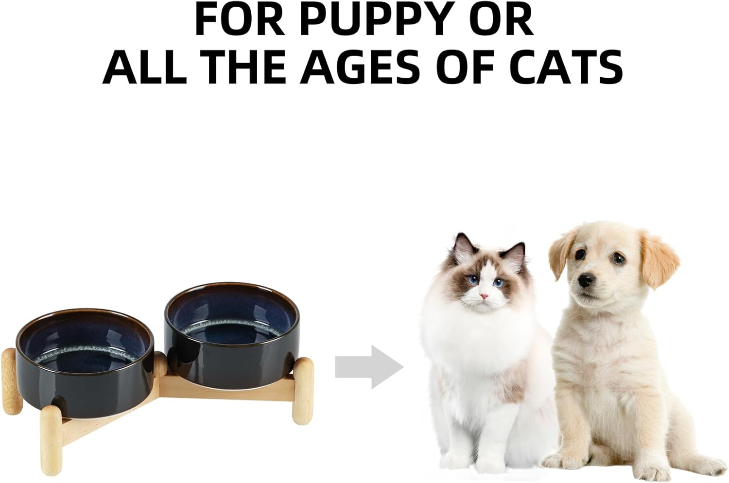 Ceramic 5.1inch Raised Double Bowls Set with Wooden Stand, Elevated Food & Water Bowls for Small Breed Dogs, Cats, Kitty, Weighted Dog Dishes, Pet Bowls(13.5oz, Starry Sky) - Pet Explorer