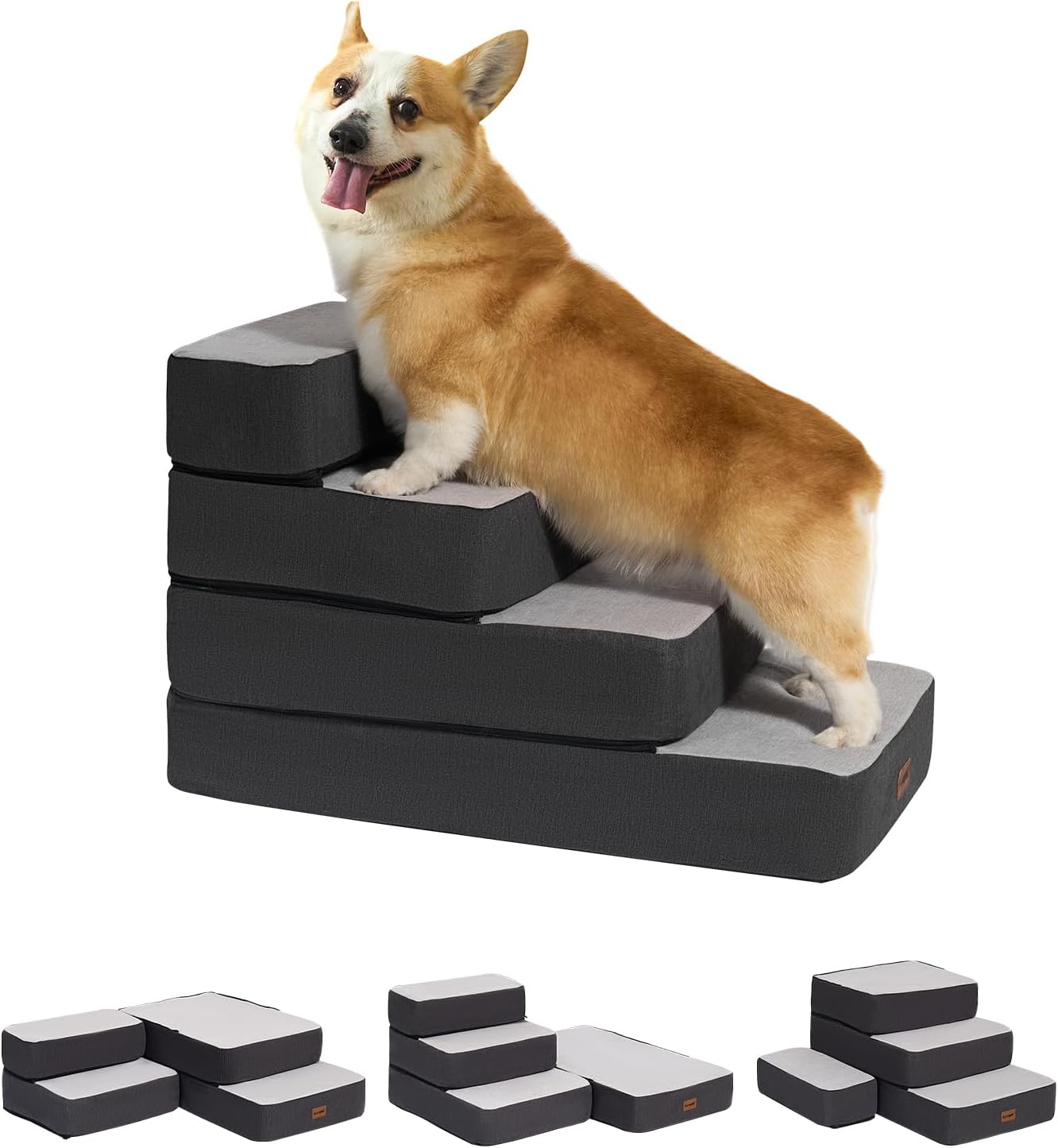 4-Step Adjustable Dog Stairs for Beds, Dog Steps for Small Dogs and Cats, Foldable Pet Stairs for Bed Climbing, Non-Slip Pet Step Indoor, Grey - Pet Explorer