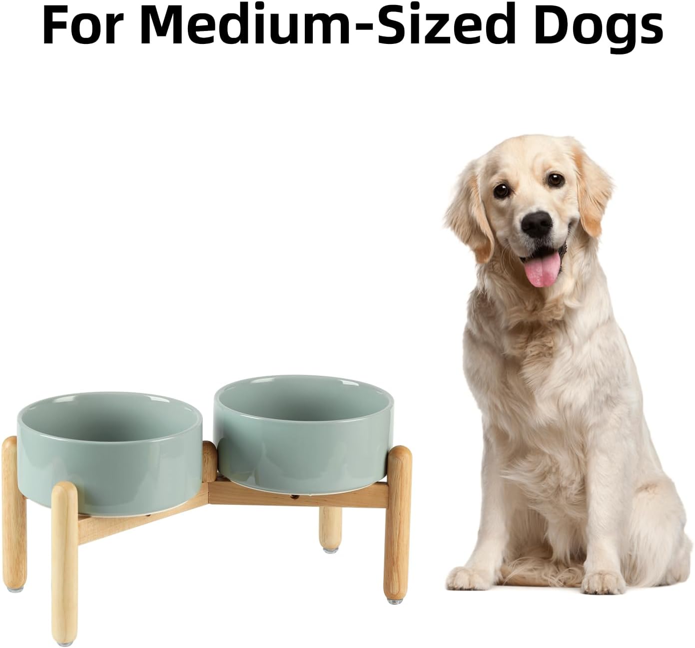 Ceramic 7.3inch Raised Double Bowls Set with Wooden Stand, Food & Water Bowls for Medium Breed Dogs, Weighted Dog Dishes, Pet Feeder(Light Green) - Pet Explorer