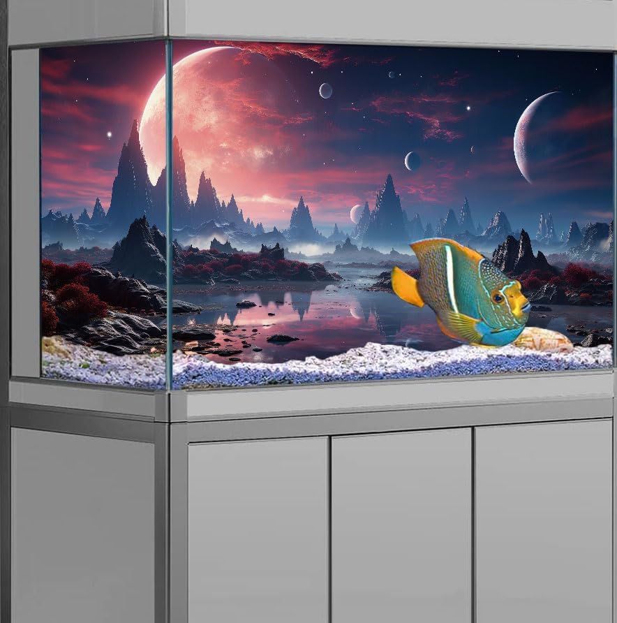 24X16IN Cosmic Spaceterrarium Background, Cool Parallel Space Themed Aquarium Reptile Habitat Background, Red Moon Aquarium Background with 10EVA Double-Sided Tape - Pet Explorer