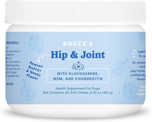 Bocce's Bakery Hip & Joint Supplement for Dogs, Daily Chews Made in The USA with Glucosamine, MSM, and Chondroitin, Supports Healthy Joints, Peanut Butter & Honey, 60 ct - Pet Explorer