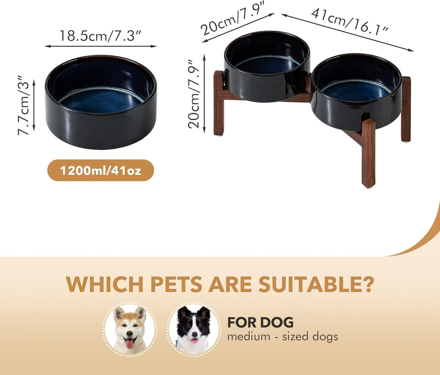 Ceramic 7.3inch Raised Double Dog Bowls Set with Acacia Wood Stand, Food & Water Bowls for Medium Breed Dogs, Weighted Pet Dishes(41oz, Starry Sky) - Pet Explorer