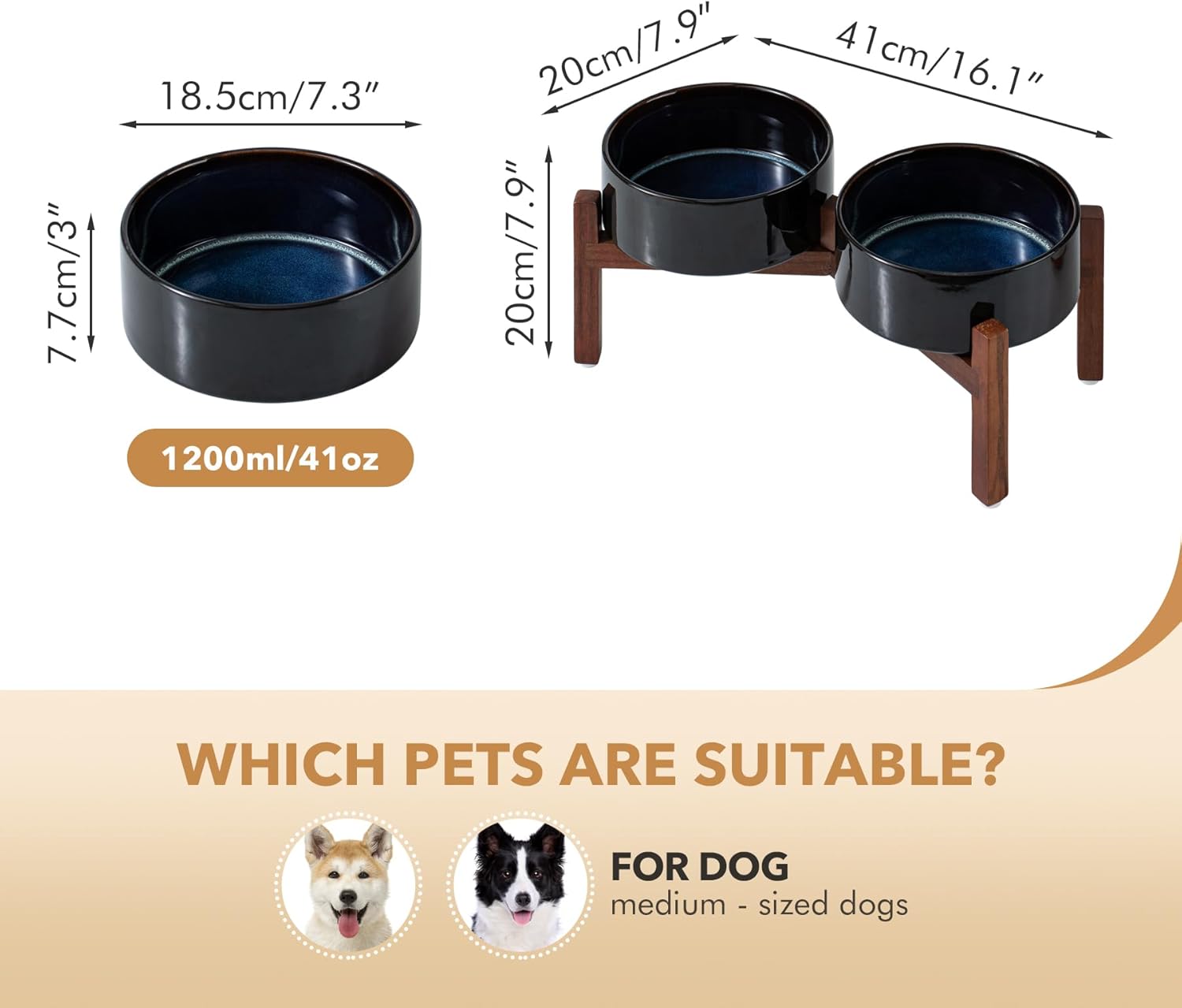 Ceramic 7.3inch Raised Double Dog Bowls Set with Acacia Wood Stand, Food & Water Bowls for Medium Breed Dogs, Weighted Pet Dishes(41oz, Starry Sky) - Pet Explorer