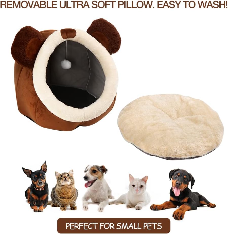 Cat Beds for Indoor Cats - Cat Bed Cave with Removable Washable Cushioned Pillow, Soft Plush Premium Cotton No Deformation Pet Bed, Roomy Bear Cat House Design, Multiple Sizes-L - Pet Explorer