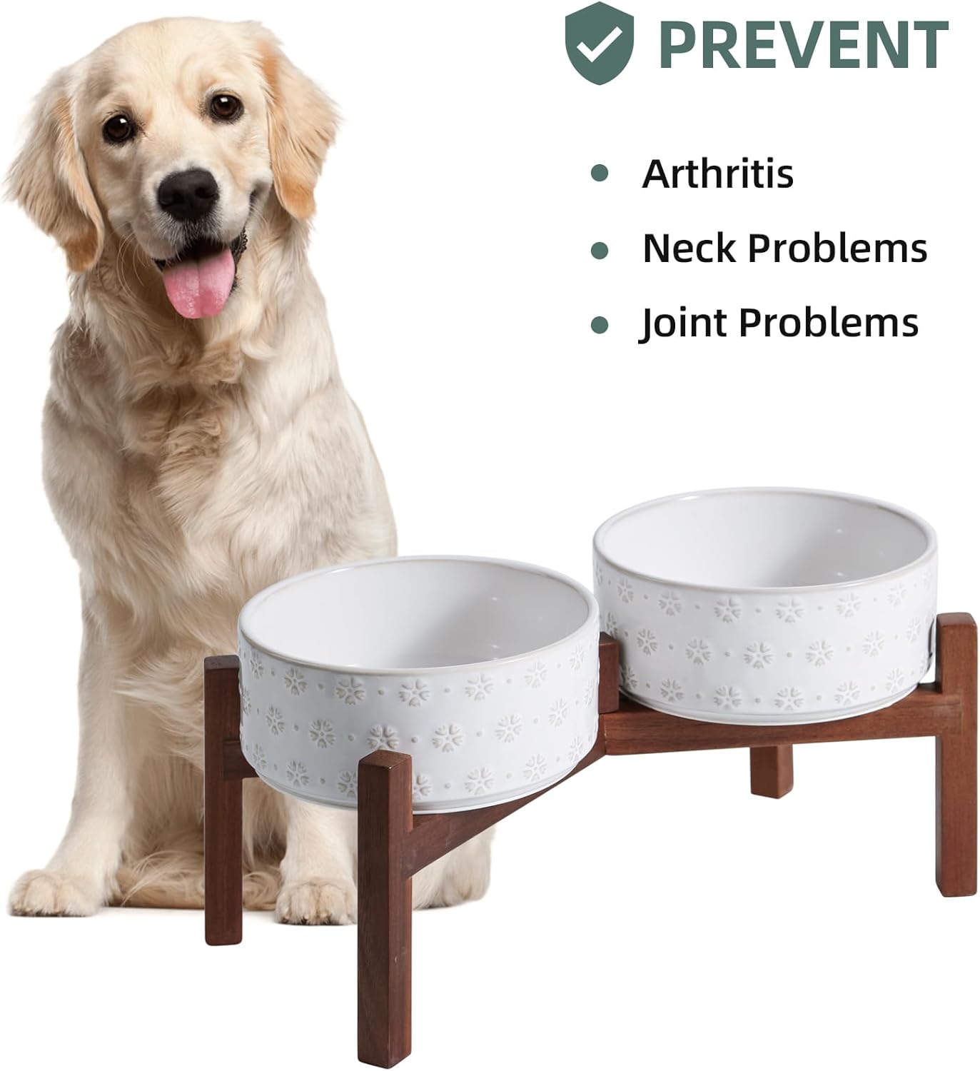 7.3inch Ceramic Raised Double Bowls Set with Acacia Wood Stand, Food & Water Bowls for Medium Breed Dogs, Weighted Dog Dishes, Pet Bowl(41OZ, Arctic White) - Pet Explorer