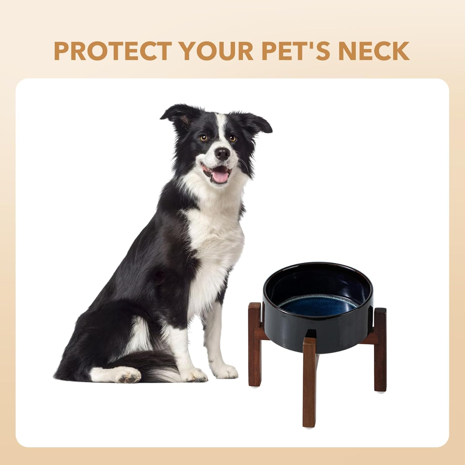 Ceramic 7.3inch Raised Dog Bowl Set, Elevated with Acacia Wood Stand, Food and Water Bowl for Medium Breed Dogs, Weighted Pet Dishes(41oz, Starry Sky) - Pet Explorer