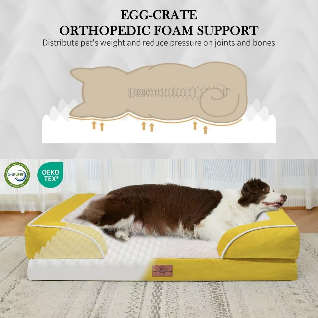 Comfort Expression XXL Dog Bed Orthopedic Foam, Waterproof Dog Beds for Oversized Dogs, Washable Dogs Sofa Bed with Removable Cover & Non-Slip Bottom(XX-Large,Spicy Mustard) - Pet Explorer