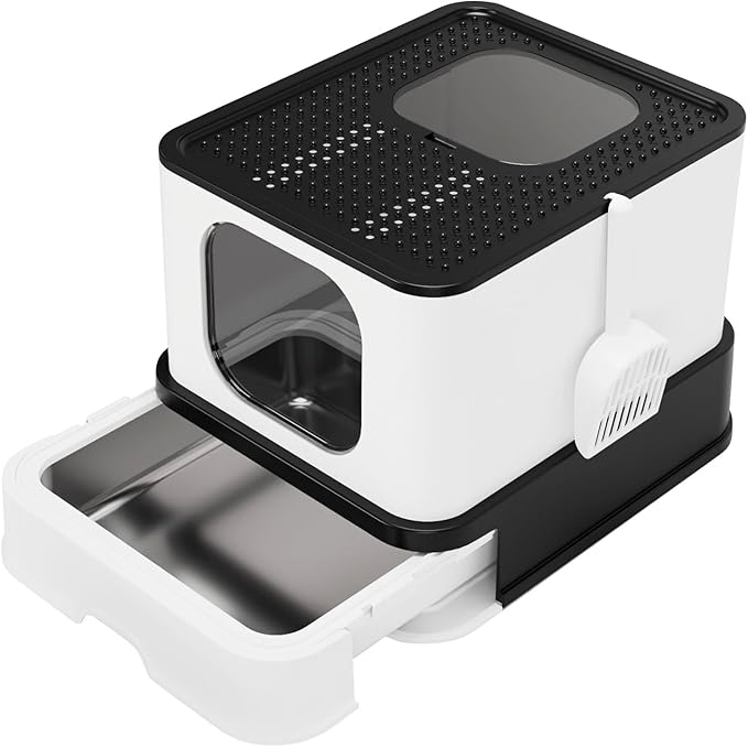 RIZZARI Stainless Steel Cat Box: Large Leak-Proof Enclosed Odor-Free Design with High Walls - XXL Black - Teflon Non-Stick Coating & Easy-Clean Drawer - for Living Room Garage