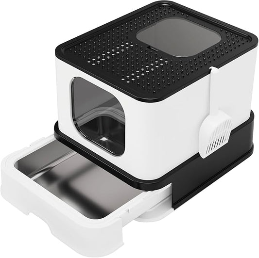RIZZARI Stainless Steel Cat Box: Large Leak-Proof Enclosed Odor-Free Design with High Walls - XXL Black - Teflon Non-Stick Coating & Easy-Clean Drawer - for Living Room Garage