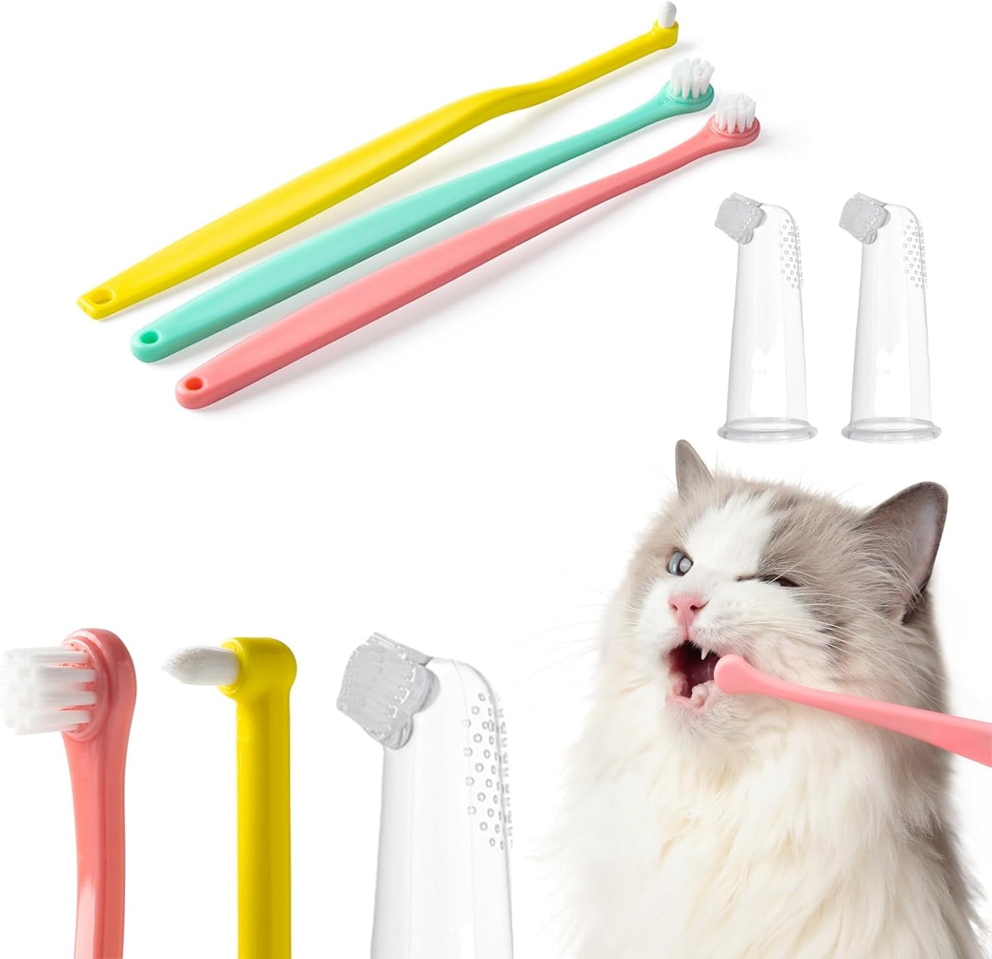 E.M&S.T by Emmeliestella Small Dog & Cat Toothbrush Kit，Micro Head, Kitten Toothbrush, Finger Brush, Starter Kit, Round & Pointed Design, Pet Dental Care, Soft Bristles, Multi-Angle, Deep Clean, 5PCS - Pet Explorer
