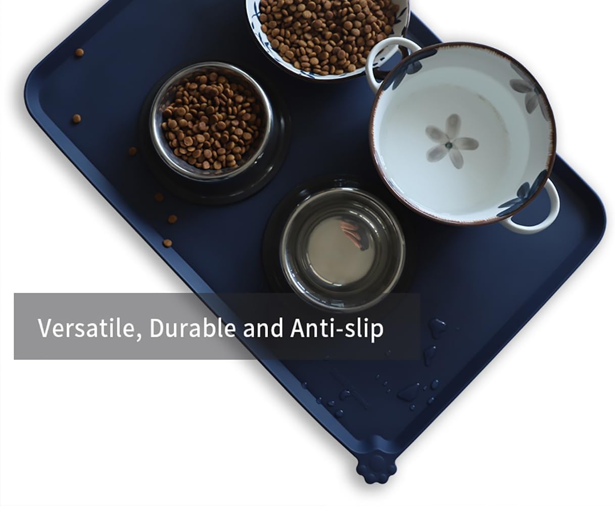 Hoki Found Large Waterproof Silicone Pet Food Mats Tray - Non Slip Pet Bowl Mats Placemat - Dog Pet Cat Feeding Mat - Dog Cat Food Mats -Pet Water Mats for Floors - French Navy - Pet Explorer