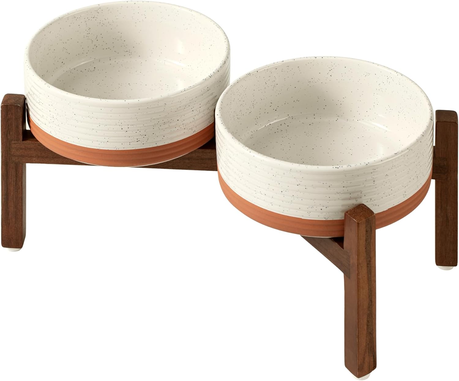 Ceramic 7.3inch Raised Double Dog Bowls Set with Acacia Wood Stand, Food & Water Bowls for Medium Breed Dogs, Weighted Pet Dishes(41oz, Vanilla White) - Pet Explorer