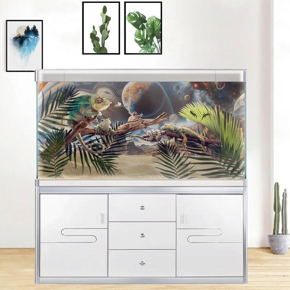 48X18IN Cosmic Spaceterrarium Background, Cool Parallel Space Themed Aquarium Reptile Habitat Background, Aquarium Background with 10EVA Double-Sided Tape - Pet Explorer