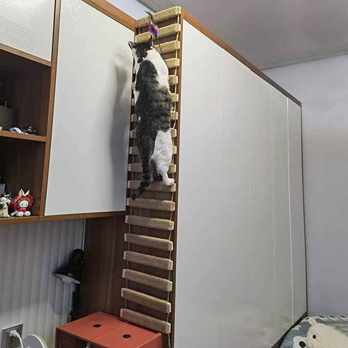 Cat Bridge & Climbing Frame - Sisal Rope Ladder & Scratcher Post for Cat Cage & Tree Tower