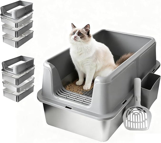 24" x 16" x 12" Stainless Steel Sifting Litter Box with Lid for Pine Pellets and Clay Litter, Extra Large Metal Sifting Cat Litter Box, High Sides Metal Litter Box System for for Big Cats